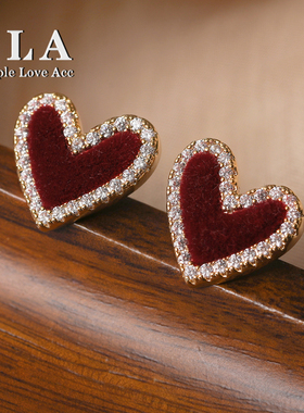 Simple Love Acc私家 高级感精致小众心形耳钉女植绒中国红小耳环