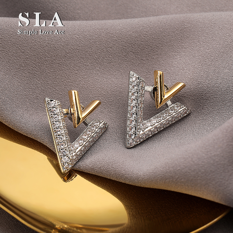 Simple Love Acc私家  美拉德双V设计师满钻爆款高级感银针耳环女
