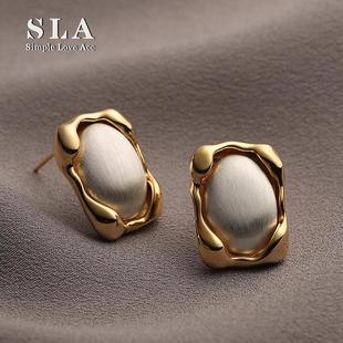 法式 Acc私家 金属拉丝长方形几何气质银针耳环女 Love Simple