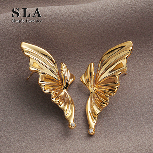 法式 Acc私家 高级感翅膀设计扇形纹理感银针耳环女 Love Simple