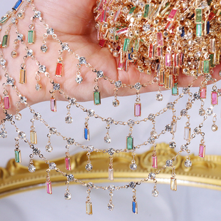 diy饰品链条 三爪吊彩色长方钻流苏链子项链手链耳饰材异域风额链