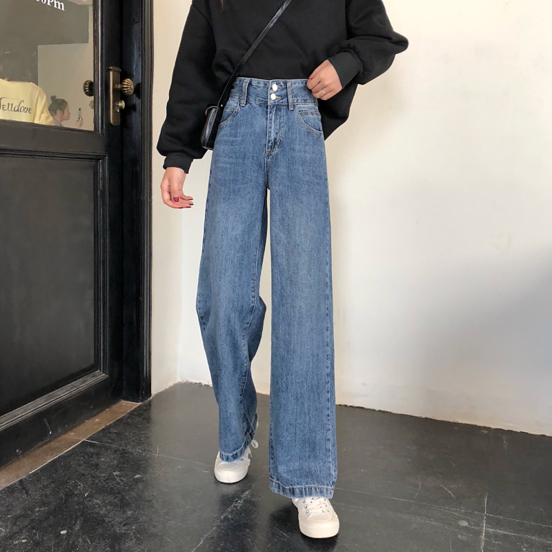 New spring two button high waist jeans wide leg pants versatile loose floor pants