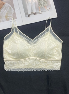 早春纯欲蕾丝拼接网纱V领抹胸美背薄款固定杯聚拢防走光裹胸内衣