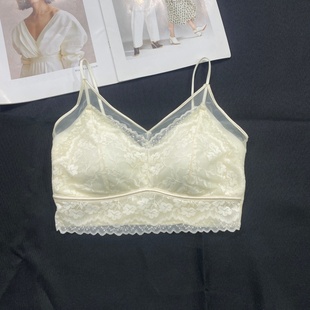 早春纯欲蕾丝拼接网纱V领抹胸美背薄款 固定杯聚拢防走光裹胸内衣