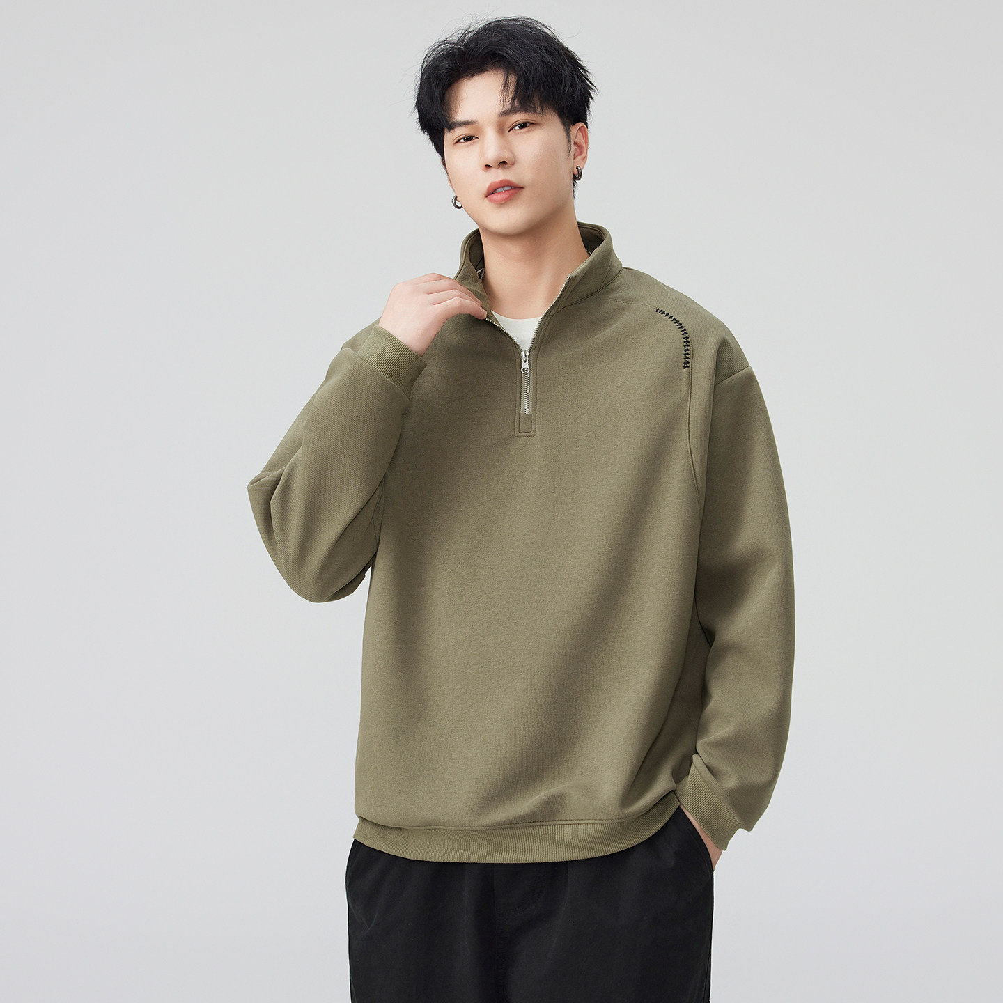 2025秋冬新款立领卫衣男半拉链宽松百搭潮流高领纯棉上衣大码男款