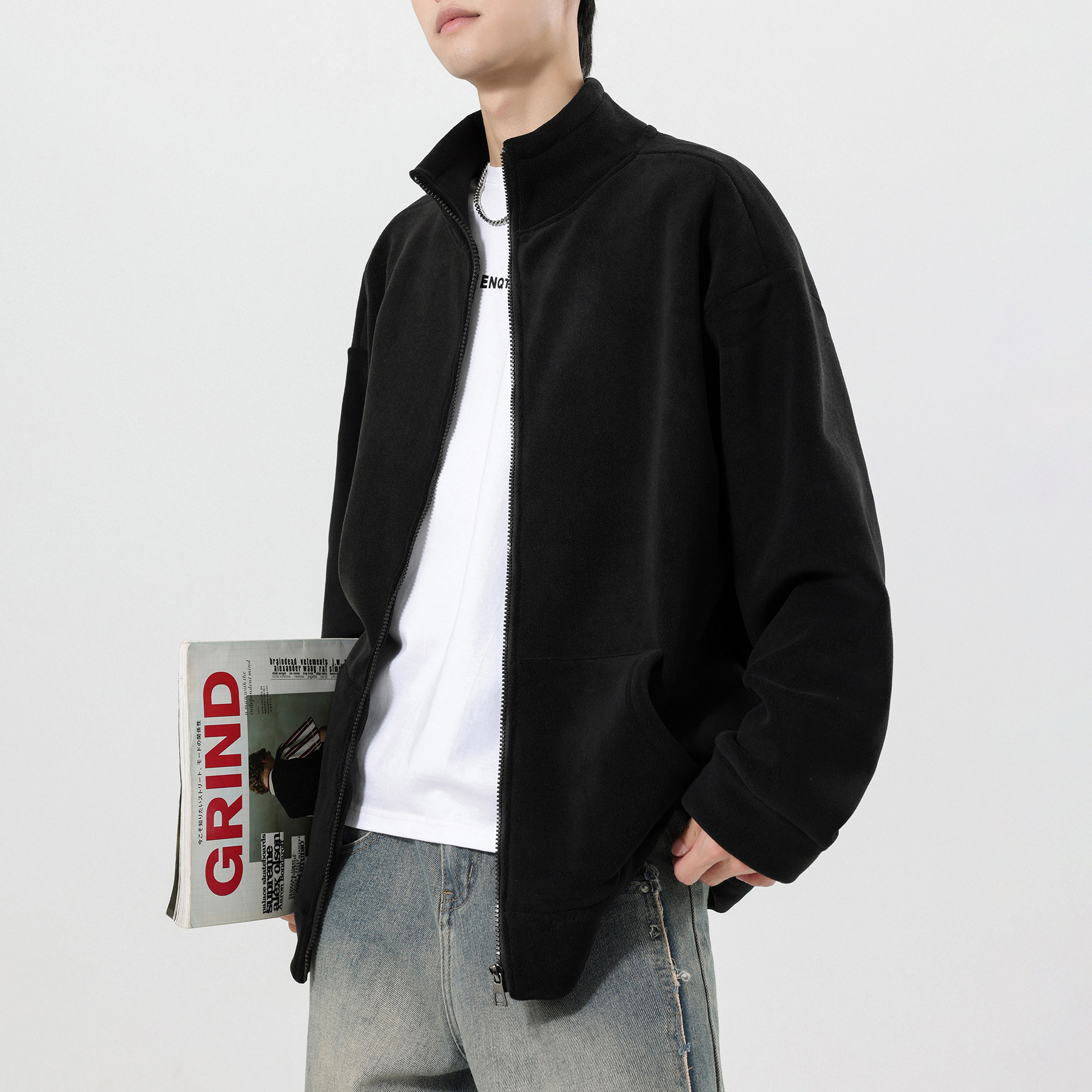 2025新款摇粒绒外套男加肥加大防风开衫立领加厚卫衣宽松大码男款