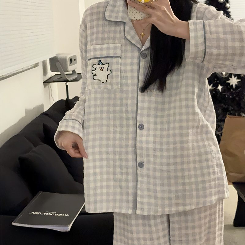 格子纯棉双层纱布睡衣女春秋季长袖甜美卡通可外穿学生可爱家居服,女士内衣/男士内衣/家居服,睡衣/家居服套装,淘宝优惠券,粉丝福利购,淘宝优惠卷