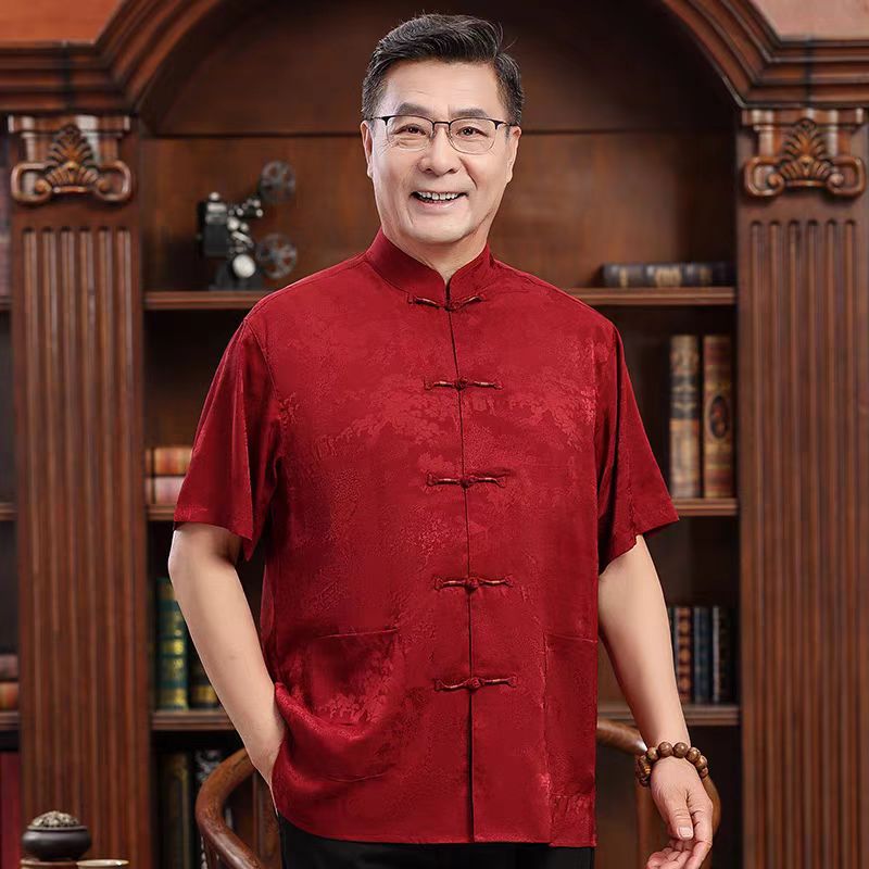 夏季男装薄款桑蚕丝短袖爷爷装