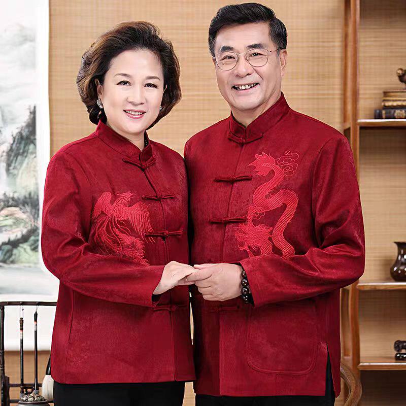 本命年龙唐装中老年父母装秋装外套宽松老人结婚宴会加厚保暖套装