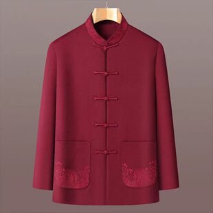 新中式爸爸装秋冬唐装外套男中国风老人衣服爷爷羊毛大衣红色喜庆
