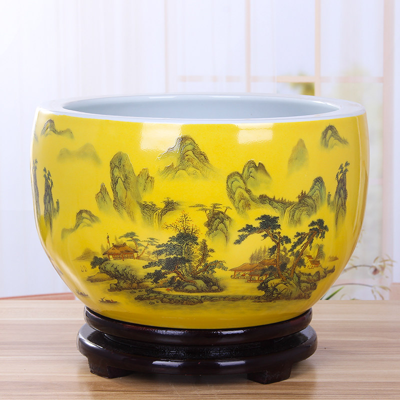 黄色圆形种花盆特大号景德镇陶瓷水培盆家用养睡碗莲盆金鱼缸摆件