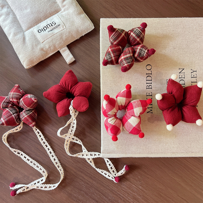 新款女童酒红格子花朵发圈儿童扎丸子头发绳女宝宝高马尾头绳发饰