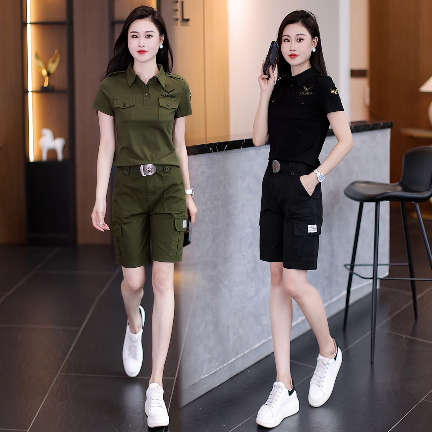 迷彩套装新款女士夏季显瘦翻领短袖短裤休闲运动工装套装两件套潮