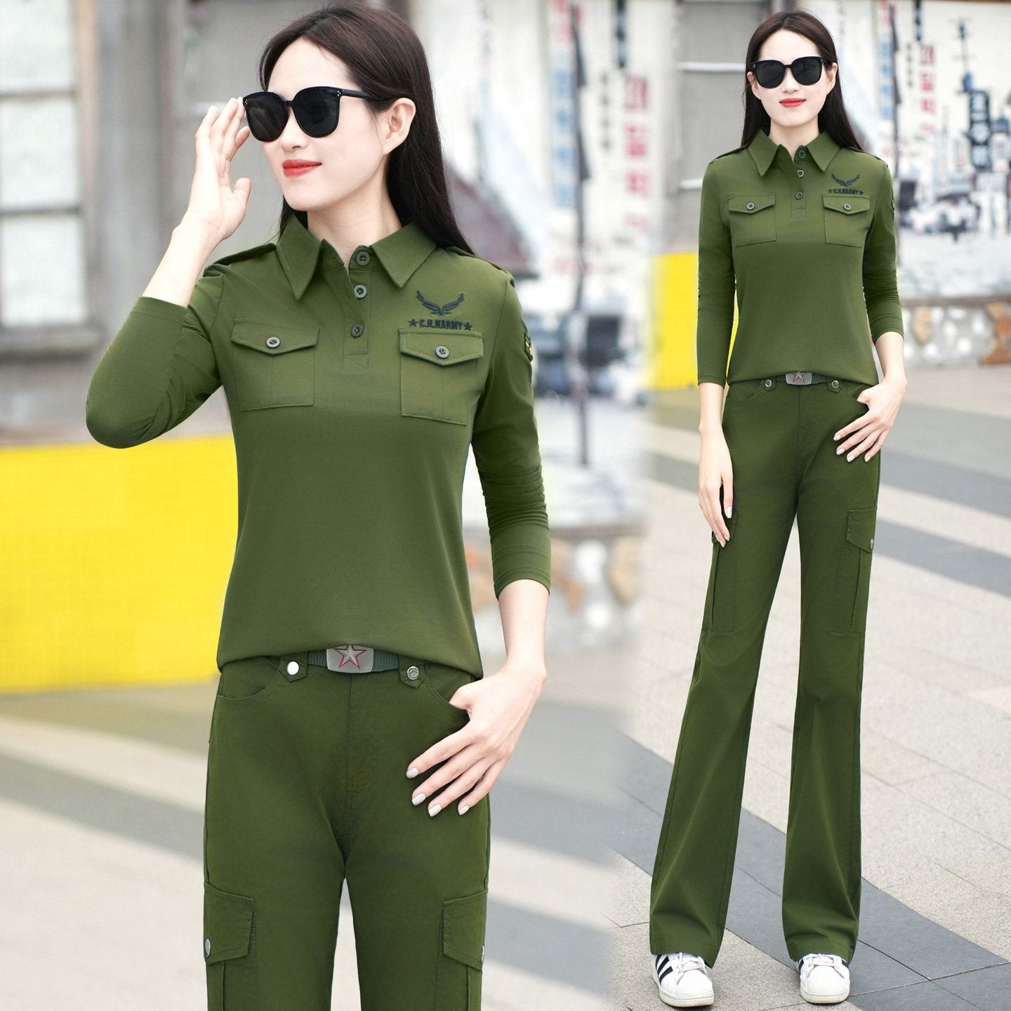 女士洋气迷彩服上衣真品显瘦体恤衫大码水兵舞演出服微喇裤潮