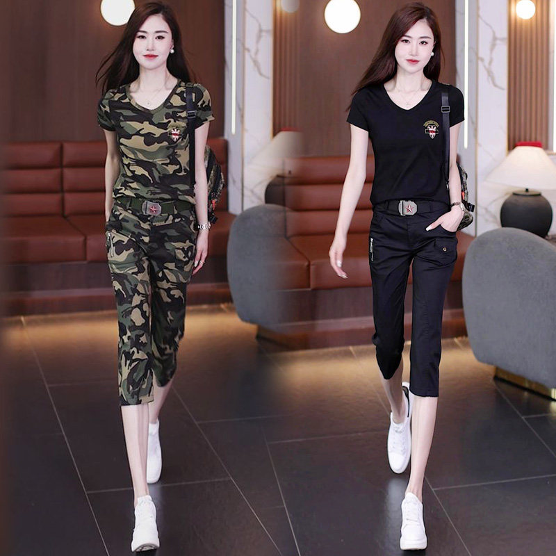 迷彩服女运动套装户外工装七分裤