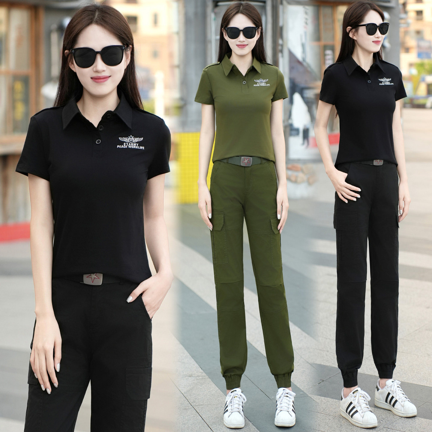 女士时尚迷彩服套装工装长裤夏季新款休闲减龄水兵显瘦束脚裤潮流