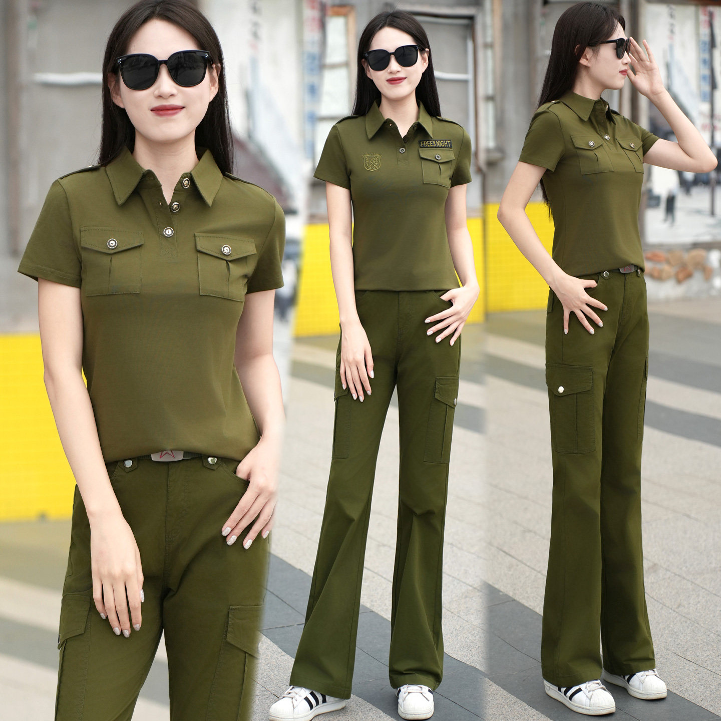 时尚迷彩服套装女士酷飒风小个子微喇裤工装多口袋长裤短袖半袖潮