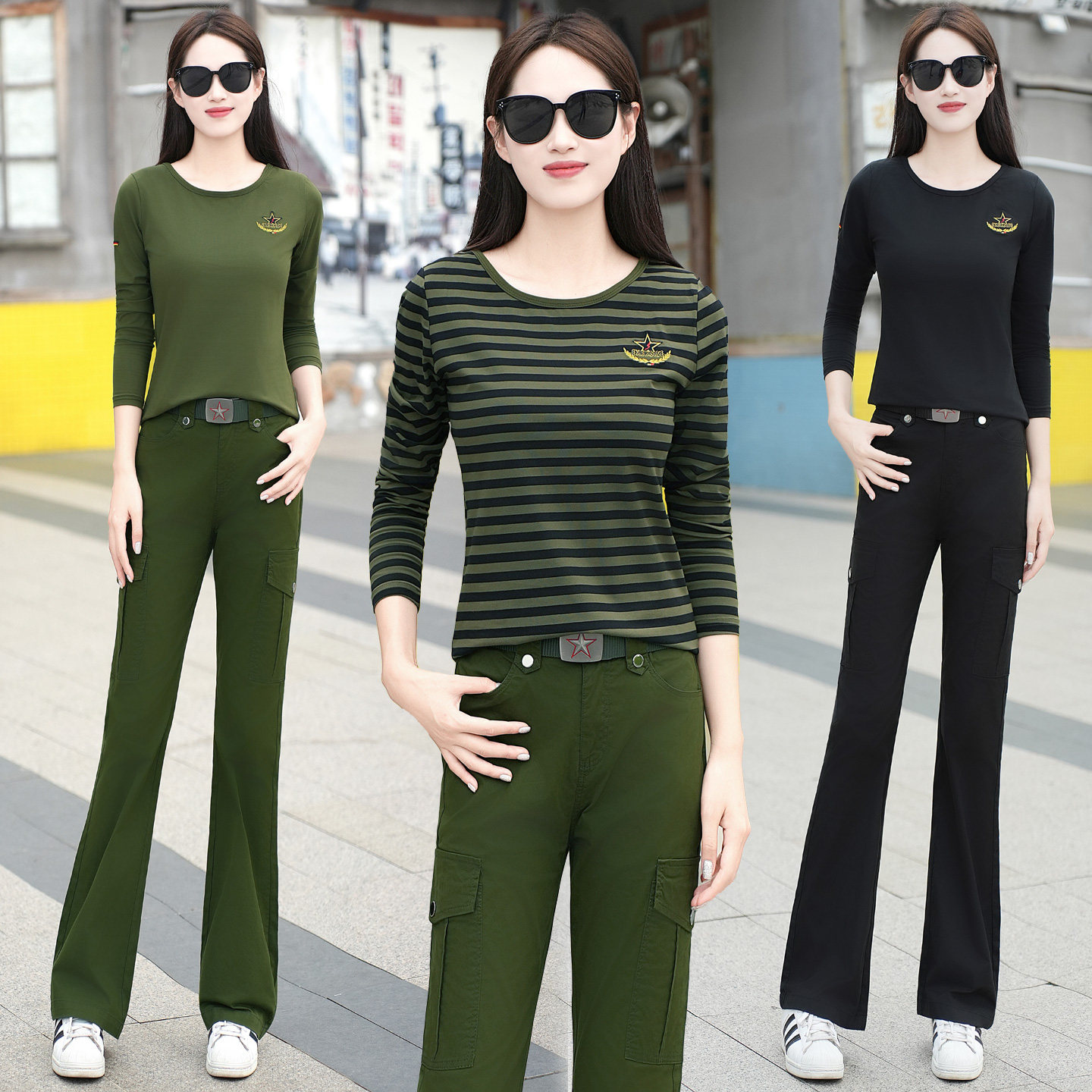 2026春秋新款韩版长袖圆领T恤微喇长裤工装裤两件套水兵舞套装女