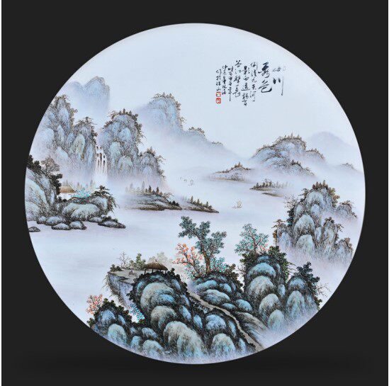 景德镇陶瓷 冯慧英手绘山川秀色瓷板画装饰壁挂画 家居客厅摆件