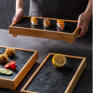 个性 黑色岩石餐盘日式 创意商用竹木质火锅涮菜盘石板餐具烤肉盘子
