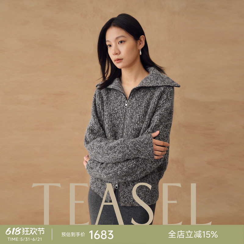 TEASEL「浮云吹作雪」100%山羊绒海军领加厚花纱双拉链针织开衫