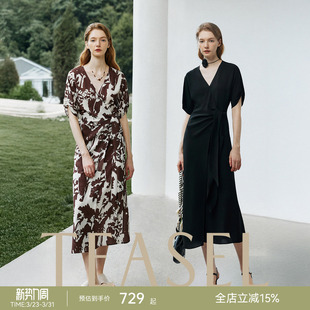 TEASEL「极简腔调」三醋酸一片式 裹身裙印花收腰V领茶歇连衣裙