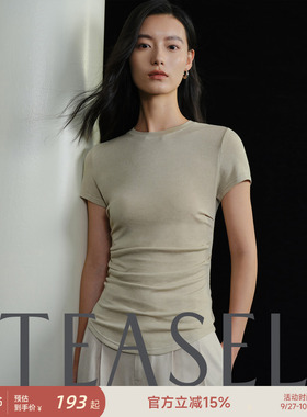 TEASEL「恰好时光」醋酸莱赛尔超弹薄款褶皱修身短袖显瘦长袖T恤