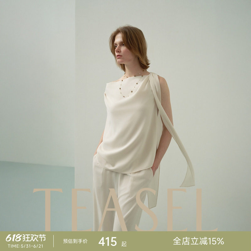 TEASEL「隙光裁」日本进口醋酸气质双面织构飘带荡领上衣白色套装