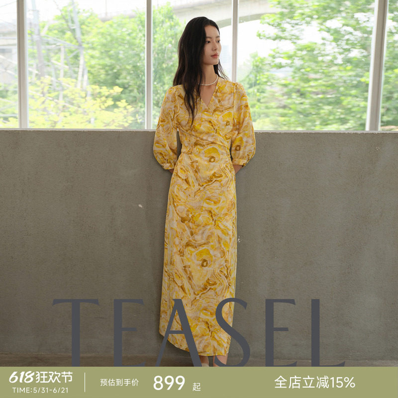 TEASEL「海滨微风」度假印花浪漫6A桑蚕丝一片式围裹式收腰连衣裙