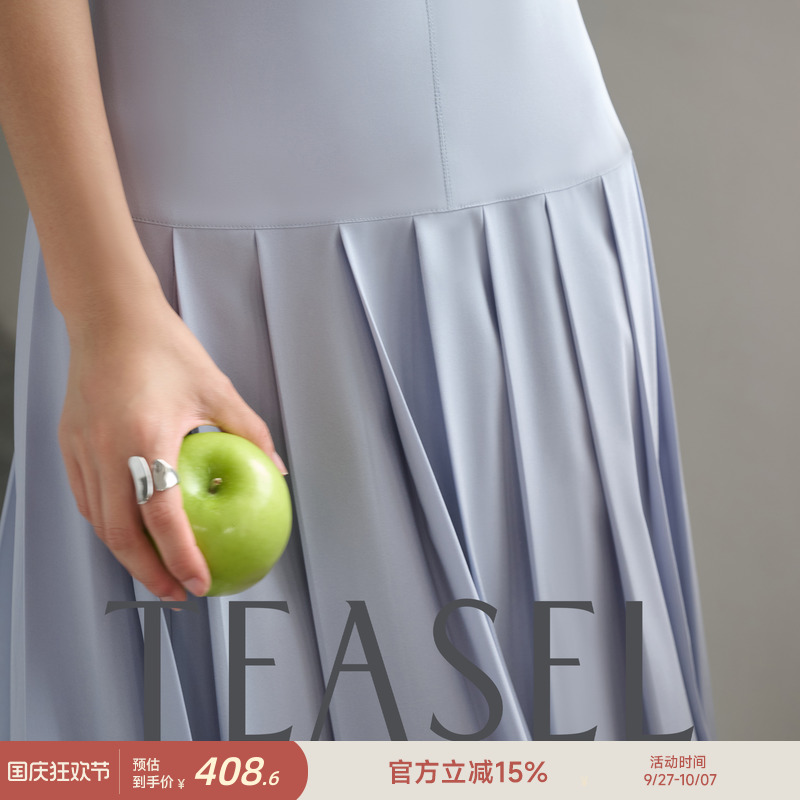 优雅婀娜立裁收腰醋酸百褶连衣裙