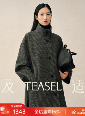 TEASEL「温暖定格」100%高支澳毛经典格纹落肩袖立领松弛大衣外套