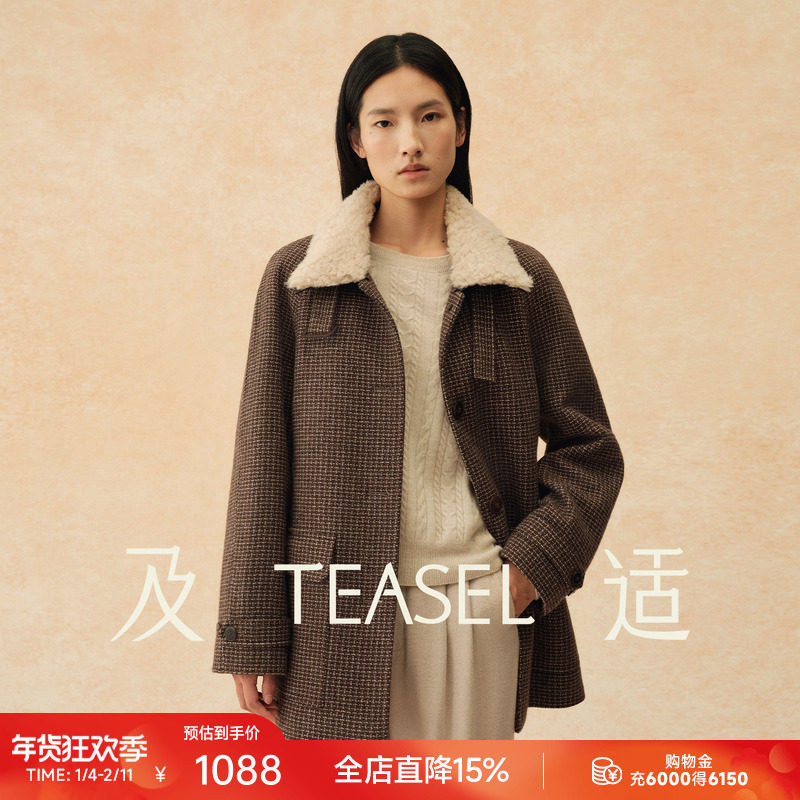 TEASEL「都市巡游」100澳毛格纹巴恩风夹棉可拆卸毛领夹克外套,女装/女士精品,短外套,淘宝优惠券,粉丝福利购,淘宝优惠卷
