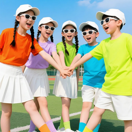 纯棉儿童彩色短袖t恤小学生毕业班服多巴胺幼儿园亲子运动会套装