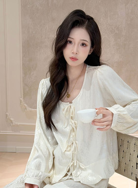 【失约的雪】2026新款甜美冰丝睡衣女长袖系带花边宫廷家居服套装