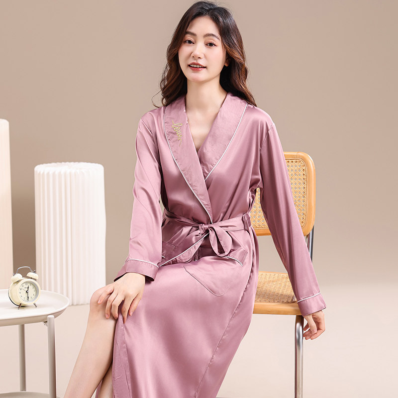 冰丝睡袍女春夏季长袖休闲2024新款夏晨袍薄款丝绸空调房家居浴袍