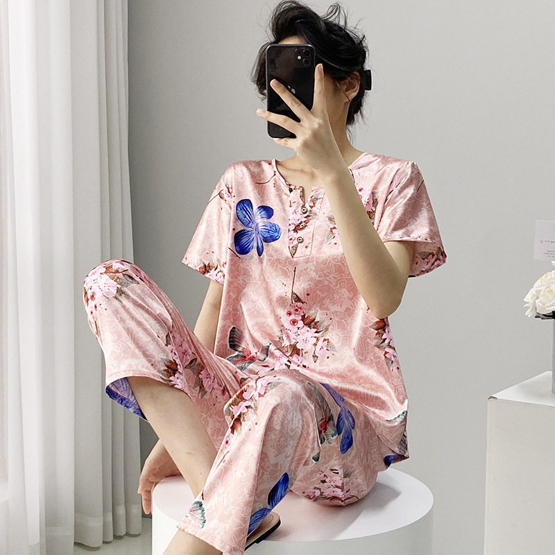 老人睡衣女夏季短袖长裤冰丝可外穿加肥大码中老年妈妈家居服套装