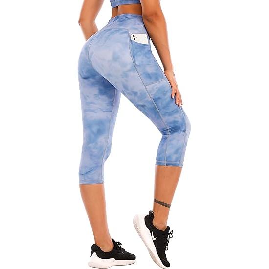 外贸女士七分裤 扎染侧口袋中腰紧身裤 速干透气运动跑步裤春夏款