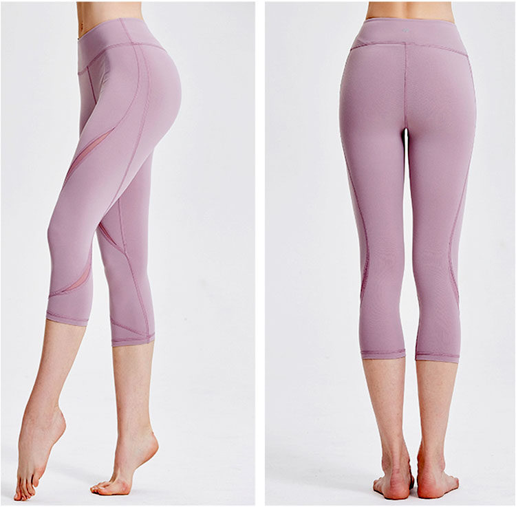 女子健身运动紧身裤 速干弹力拼纱网 瑜伽七分中裤 跑步白黑色