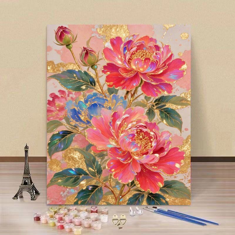 中国风数字油画diy鎏金牡丹花DIY/数字油画