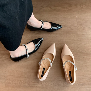 35-45大码加肥宽胖脚一字扣尖头水钻玛丽珍鞋内增高浅口平底单鞋