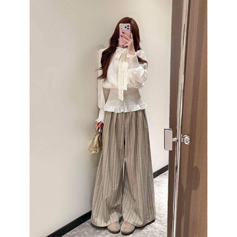 实价有货韩系时尚风系带衬衫上衣女春夏新款修身阔腿休闲裤套装