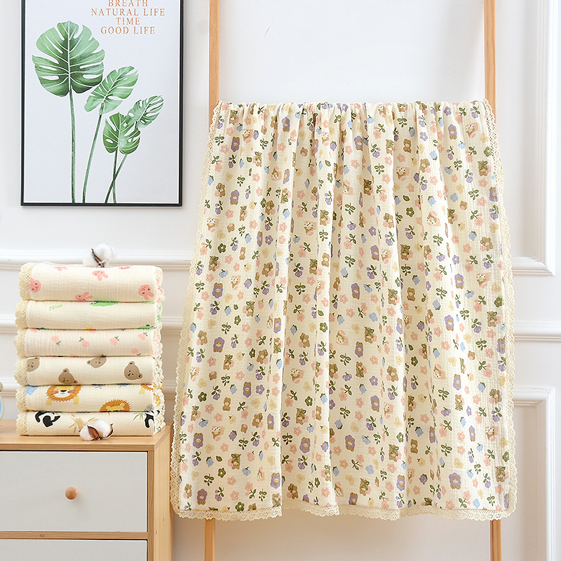 纯棉花边浴巾婴儿四层绉布盖毯柔软童被儿童新生儿纱布午睡盖毯