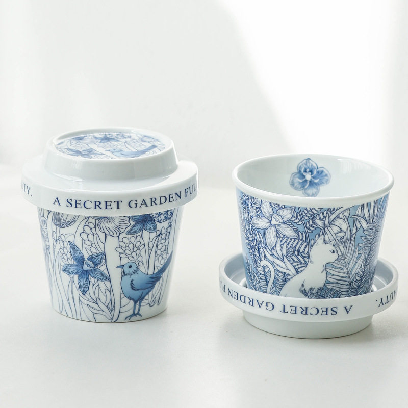 【野趣青花】 创意双层隔热高温陶瓷大容量带盖杯 个性咖啡拉花杯