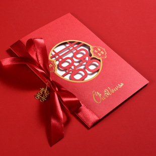 中式 喜字结婚礼镂空誓言卡丝带告白手写宣言誓词卡证婚父母发言本