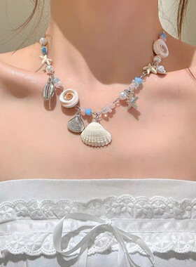海星贝壳珍珠彩色串珠项链女海边度假风锁骨链夏天甜酷颈链配饰品