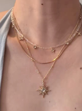 古着vintage闪钻金色太阳花芒星多层项链复古辣妹轻奢气质锁骨链