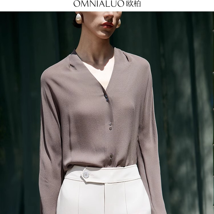 【设计总监然姐】欧柏兰奴桑蚕丝衬衫女长袖V领真丝上衣