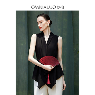 【柳哥来了】欧柏兰奴黑色衬衫夏设计感显瘦OL无袖亚麻上衣