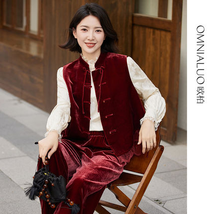 欧柏兰奴丝绒马甲女2026新款立领盘扣新中式短款背心外搭