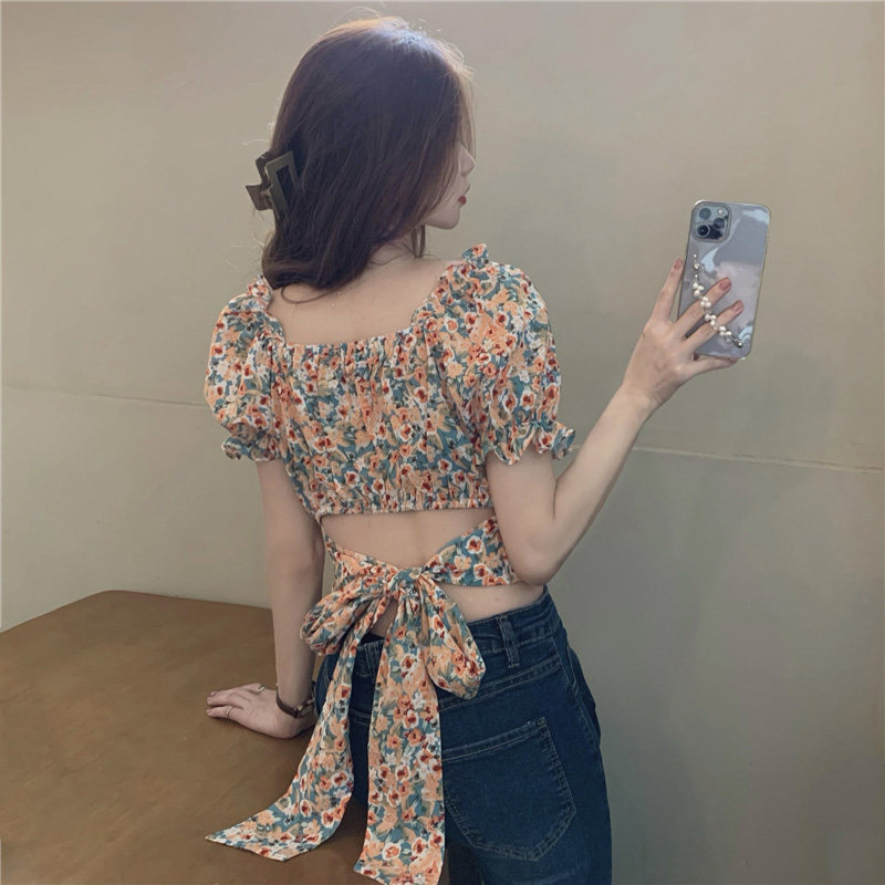 黑色后背蝴蝶结上衣女夏雪纺方领衬衫